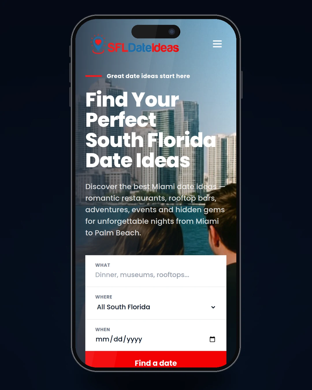 The SFL Date Ideas app on an iPhone — the homepage with Miami date ideas